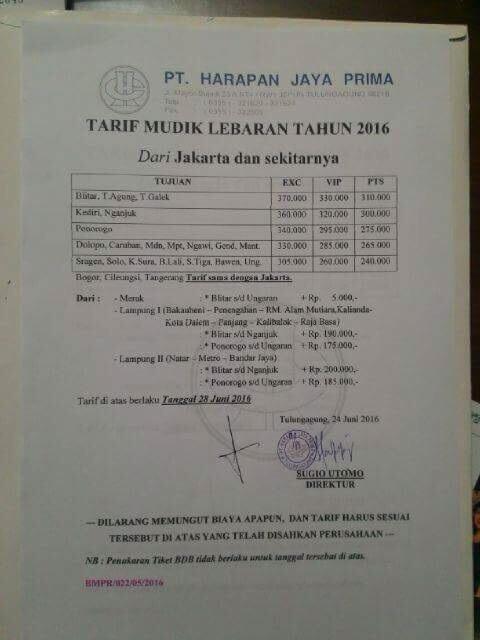 Harga tiket bis mudik 1437H/2016M