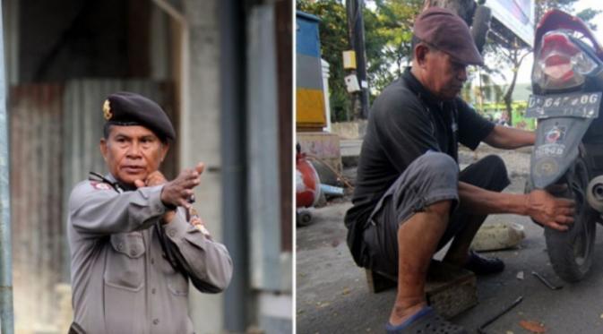 Aiptu Mustamin Bekerja sampingan jadi tukang tambal ban demi menambah pendapatan