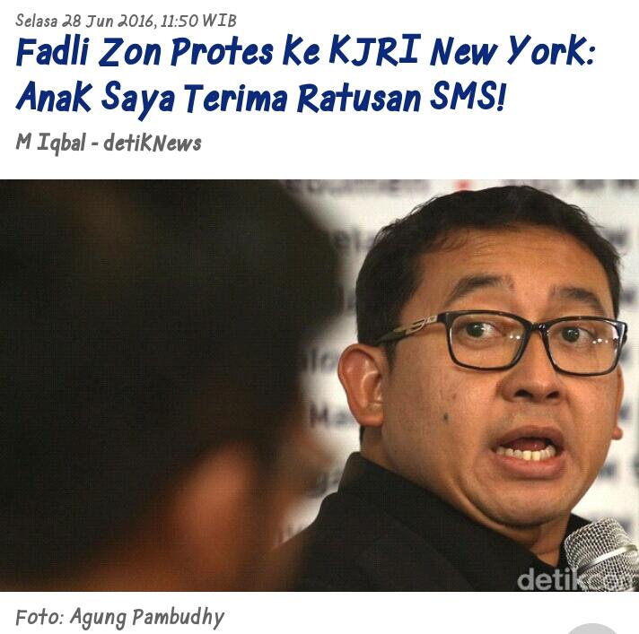 Fadli Zon Protes ke KJRI New York: Anak Saya Terima Ratusan SMS!