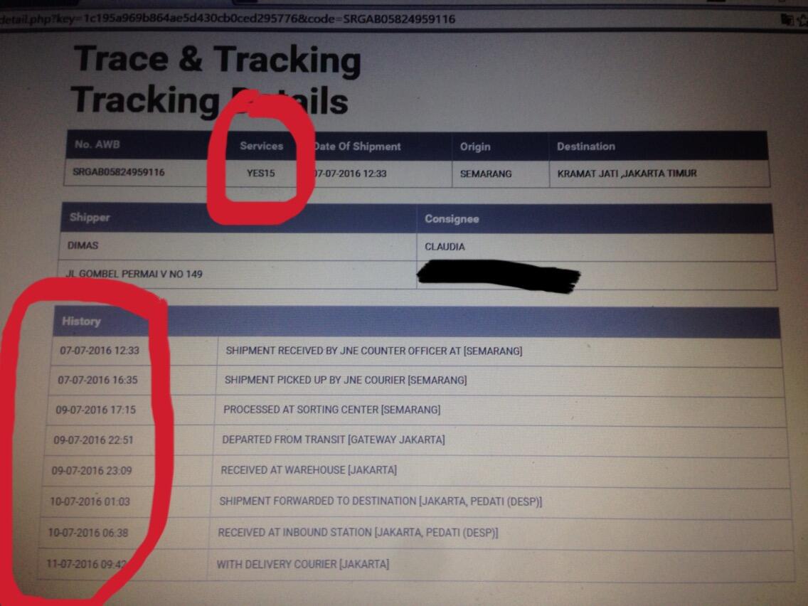 service jne YES (Yakin Esok Sampai) namun 3 hari belum sampai juga