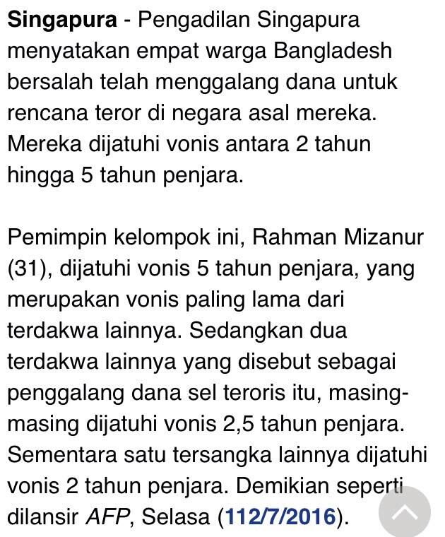 Danai dan Rencanakan Serangan Teror, 4 Warga Bangladesh Dibui di Singapura