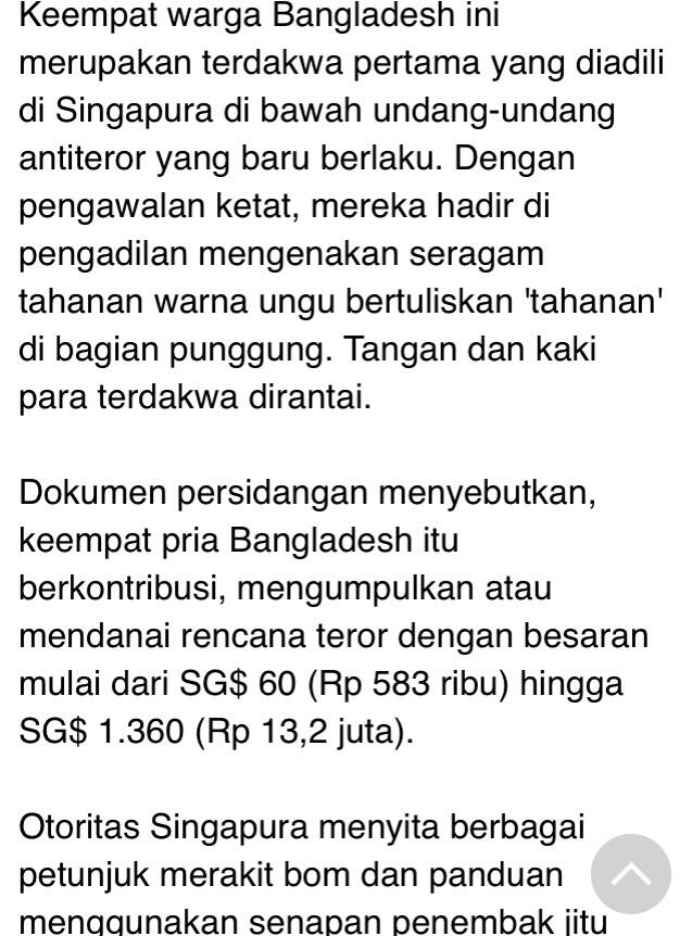 Danai dan Rencanakan Serangan Teror, 4 Warga Bangladesh Dibui di Singapura