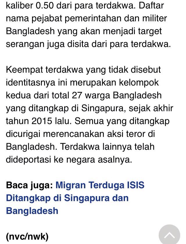 Danai dan Rencanakan Serangan Teror, 4 Warga Bangladesh Dibui di Singapura