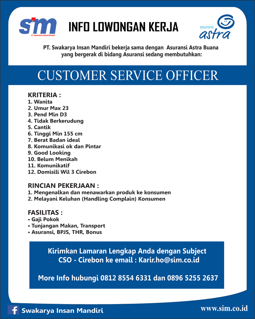 Lowongan Kerja Customer Service Officer Asuransi Astra 