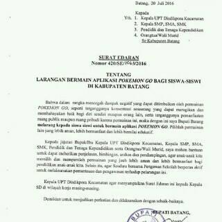 LARANGAN BERMAIN POKEMON GO BAGI SISWA/SISWI SEKOLAH DI BATANG - JATENG