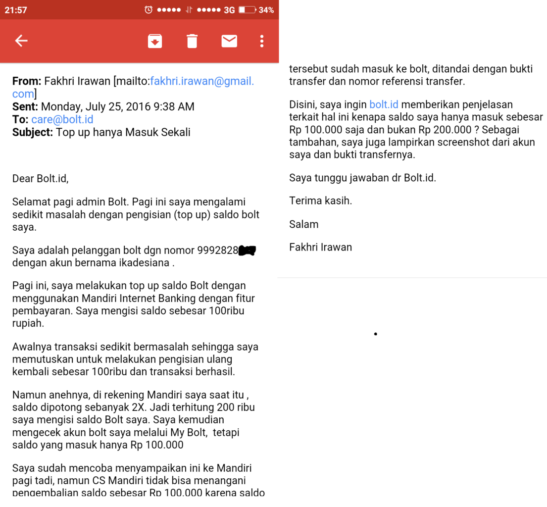 Penanganan Bolt Care Sungguh Mengecewakan