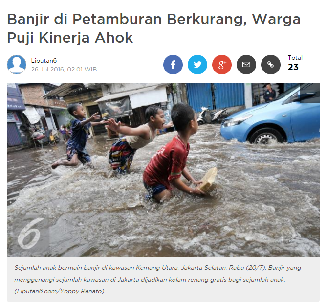 Banjir di Petamburan Berkurang, Warga Puji Kinerja Ahok