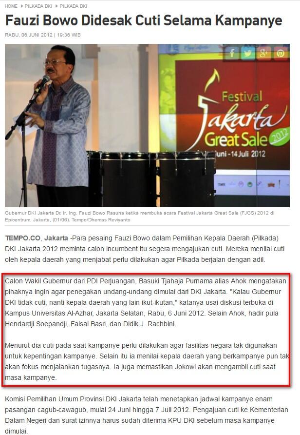 Dulu Ahok Minta Cagub DKI Incumbent Cuti Kampanye, Kini Menolak