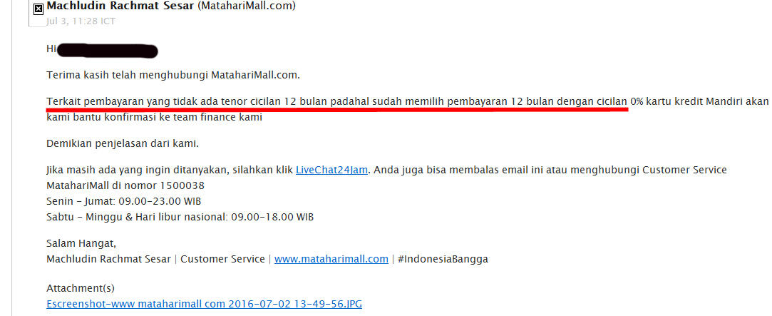 System billing Mataharimall tidak beres, sudah satu bulan tidak ada solusi
