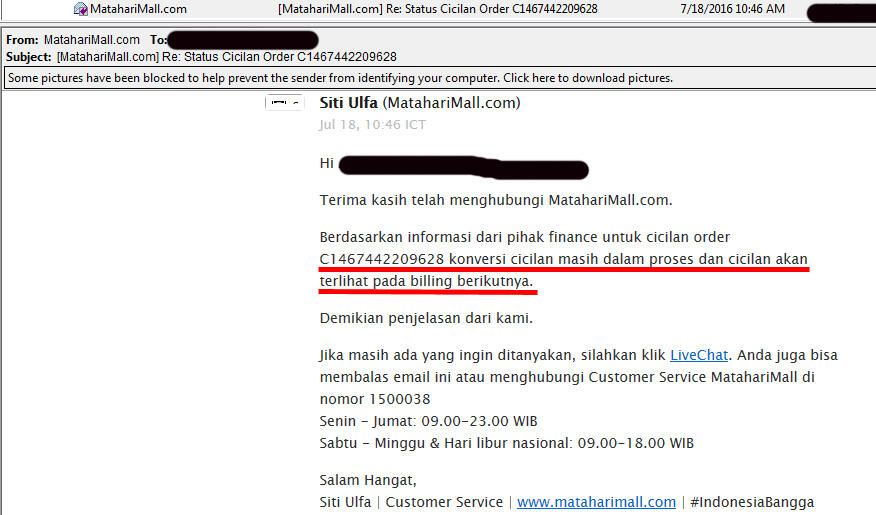System billing Mataharimall tidak beres, sudah satu bulan tidak ada solusi