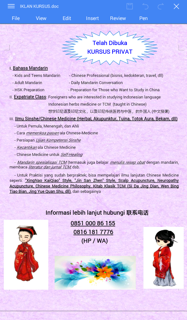 Kursus Mandarin, Sinology, Sinshe dan Akupuntur