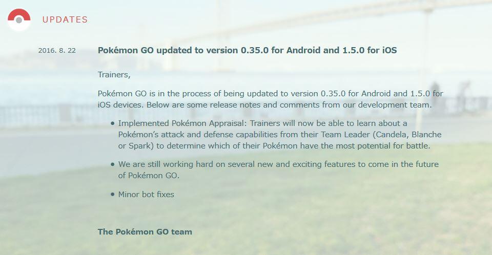 Pokémon GO updated to version 0.35.0 for Android and 1.5.0 for iOS