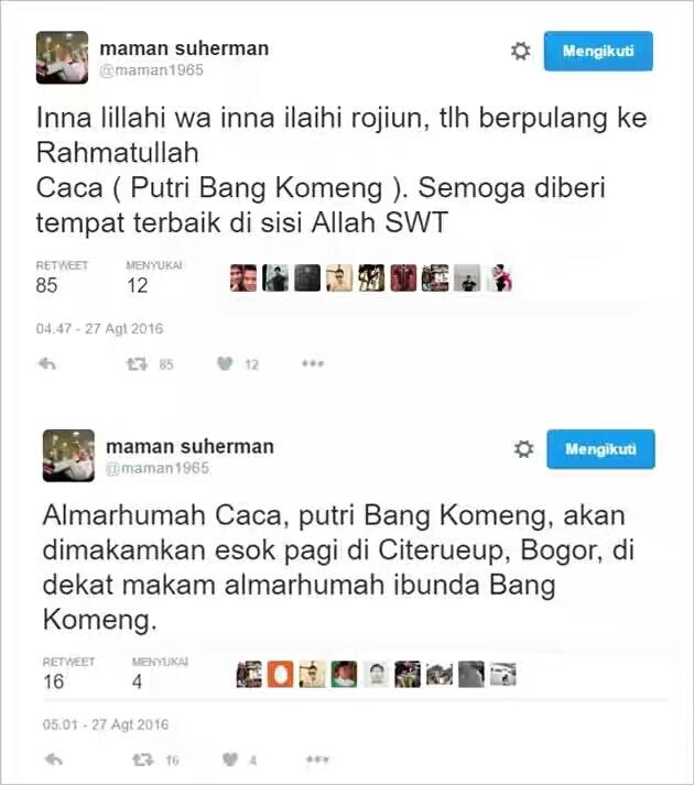 Berita Duka, Putri Bungsu Komeng Meninggal Dunia