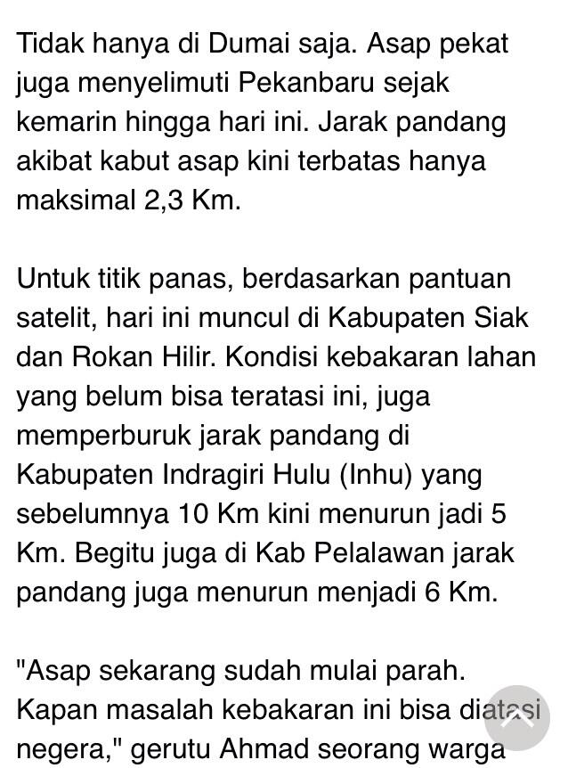 Asap di Riau Semakin Parah, Jarak Pandang di Dumai Hanya 1 Km