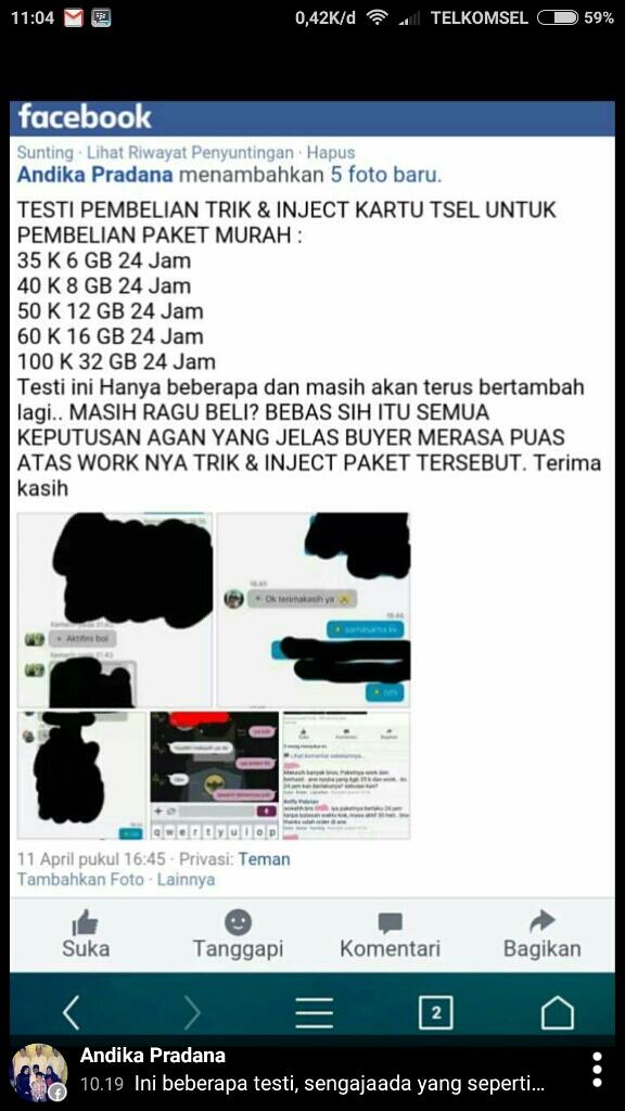 Hati hati! Penipuan paket data Telkomsel Andika Pradana 082210114348