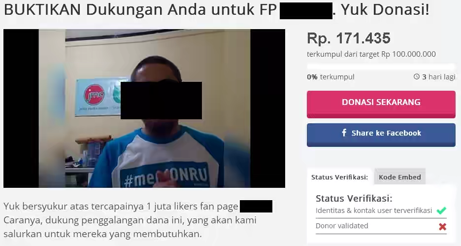 Galang Dana Rp 100 Juta untuk Syukuran 1 Juta Likes, Jonru hanya dapat Rp 171 Ribu