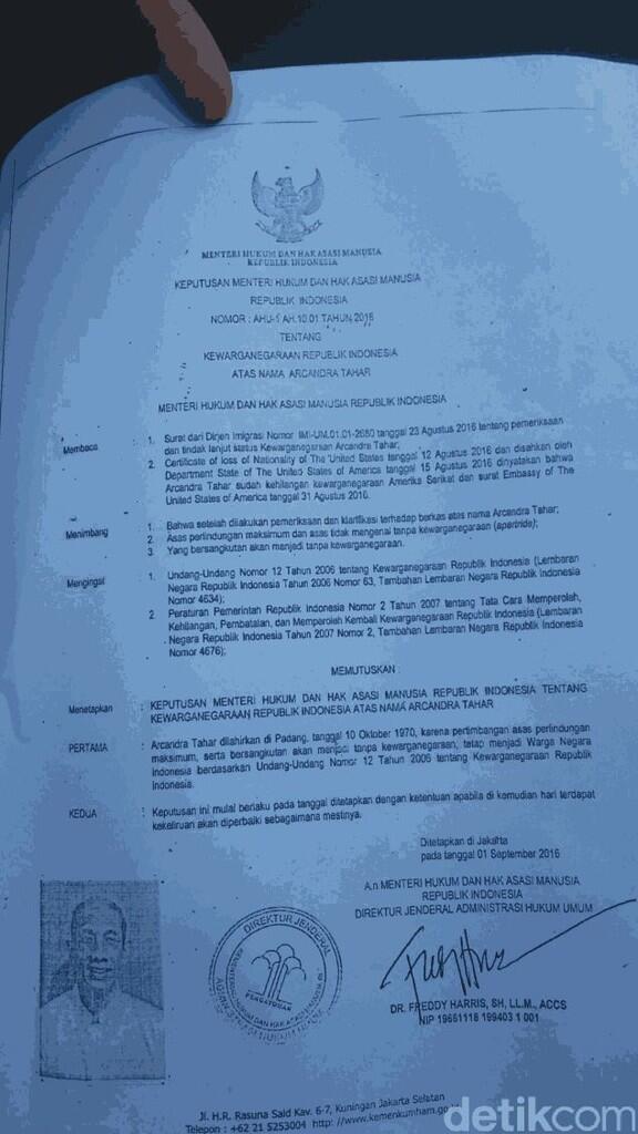 Ini SK Menkum HAM Tetapkan Arcandra Tahar Sebagai WNI