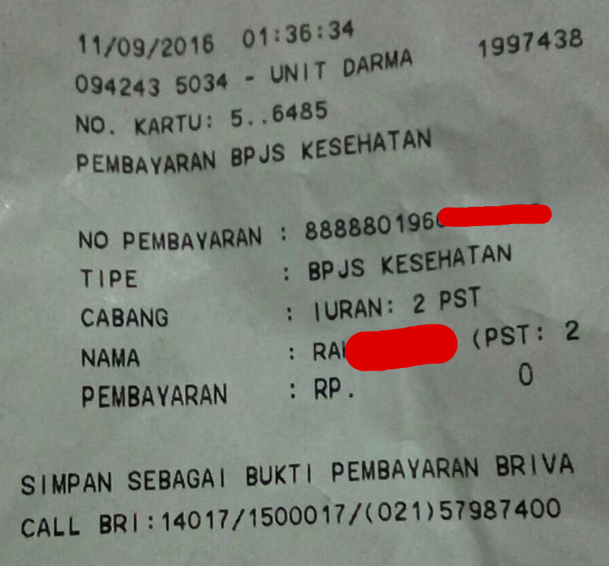 Pembayaran Iuran BPJS Kesehatan Via ATM BRI Rp.0?,-