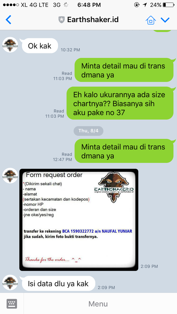 Penipuan onlineshop Ig earthshaker.id (naufal yuniar)