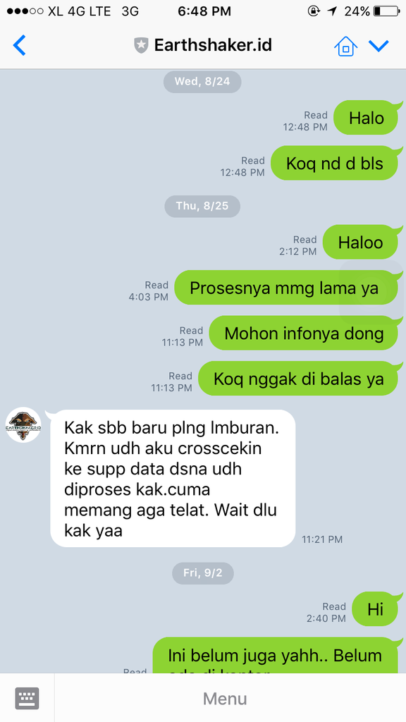 Penipuan onlineshop Ig earthshaker.id (naufal yuniar)