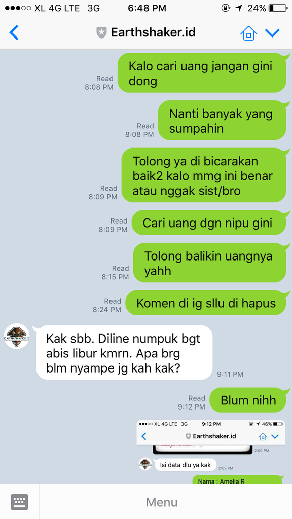 Penipuan onlineshop Ig earthshaker.id (naufal yuniar)