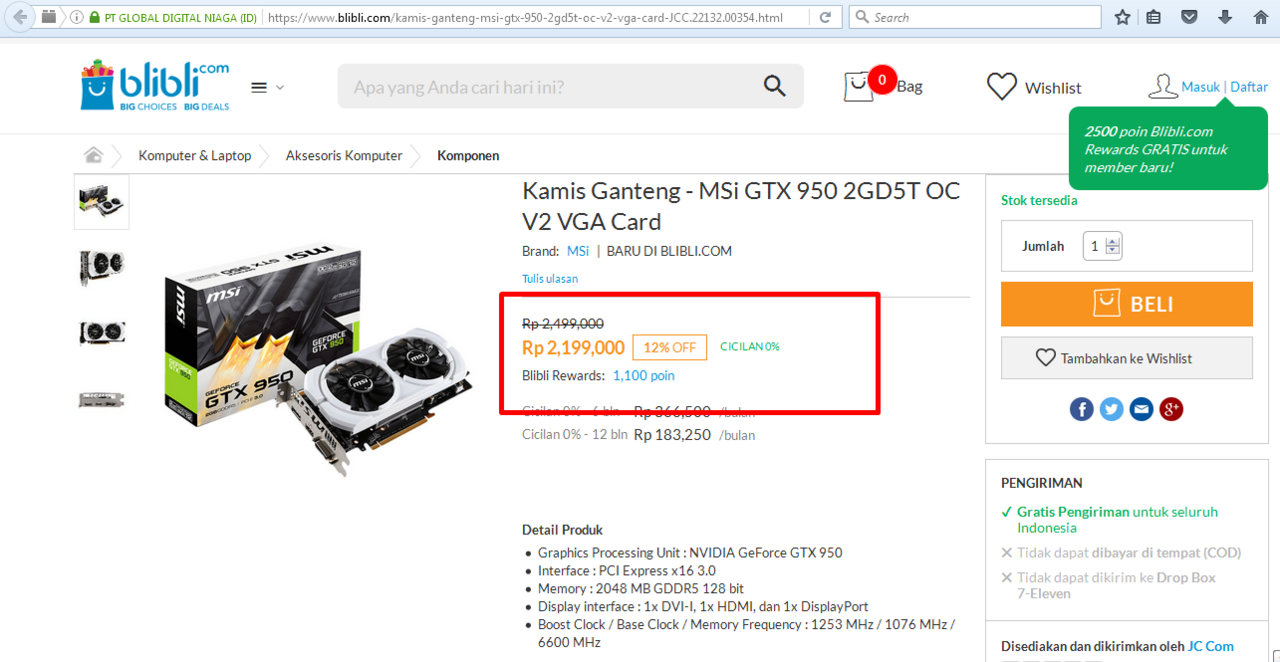 GTX 950 2GB DDR5 nya murah bingiits