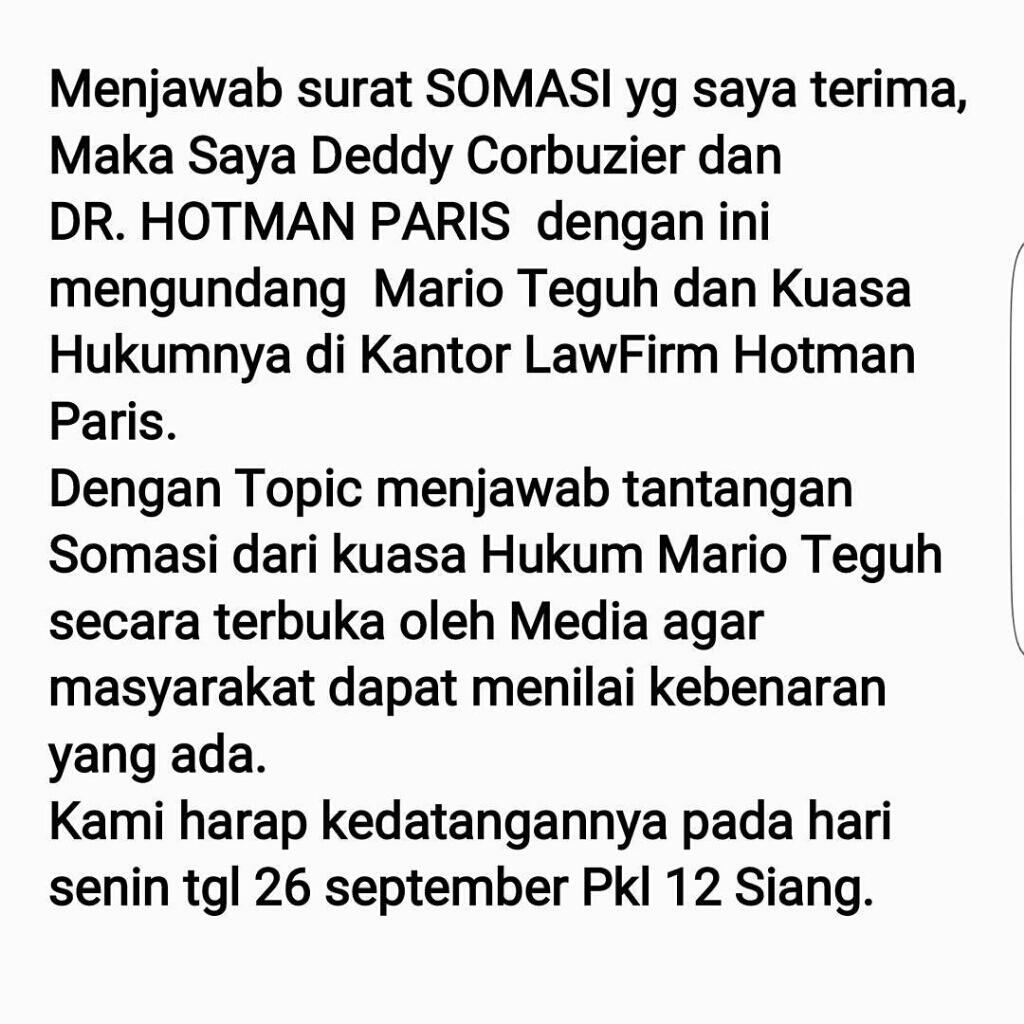 Gaet Hotman Paris, Deddy Corbuzier Siap Ladeni Mario Teguh