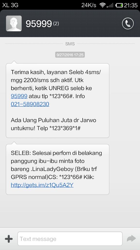 penipuan sms dr content XL axiata