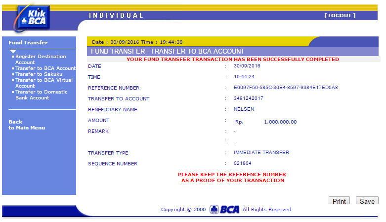 Penipuan oleh rekening BCA 3491242017 an. NELSEN