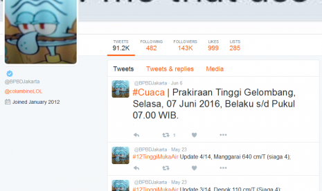 Akun Twitter BPBD DKI Jakarta Dihack, Squidward Muncul