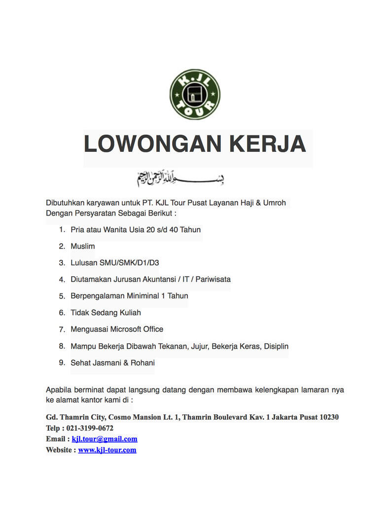 LOKER TRAVEL HAJI DAN UMROH-KJL TOUR