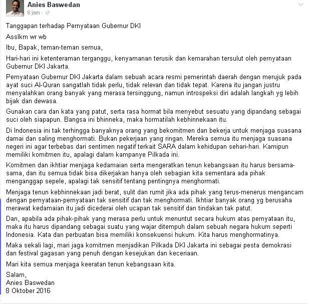 Anies Sayangkan Ahok yang Catut Ayat Alquran
