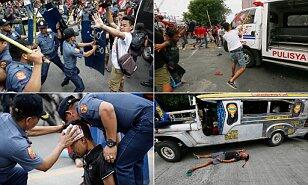 Philippines police ram protesters with a TRUCK during demonstration outside US embass