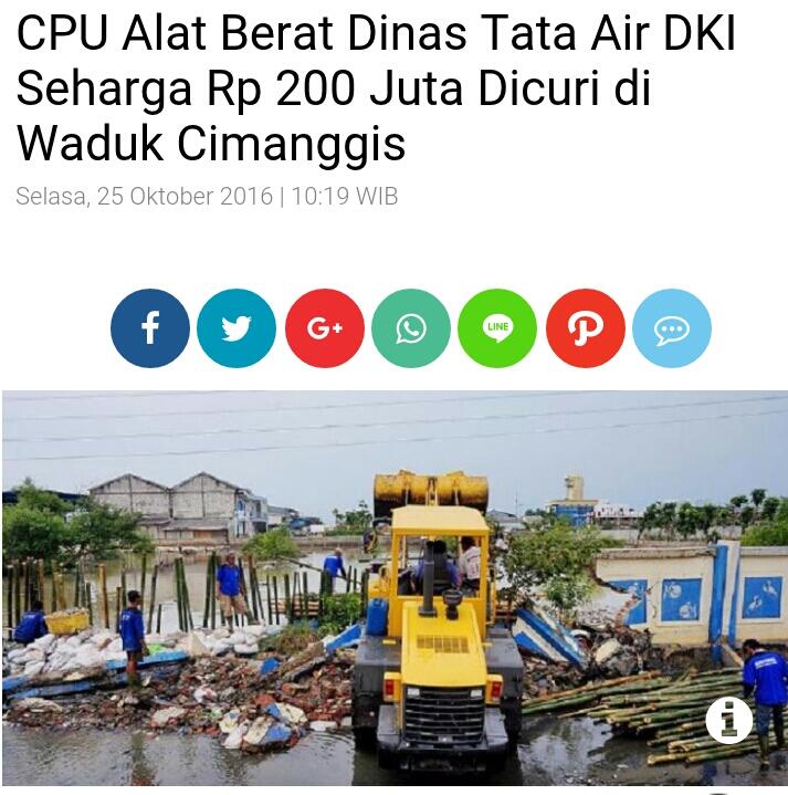 CPU Alat Berat Dinas Tata Air DKI Seharga Rp 200 Juta Dicuri di Waduk Cimanggis