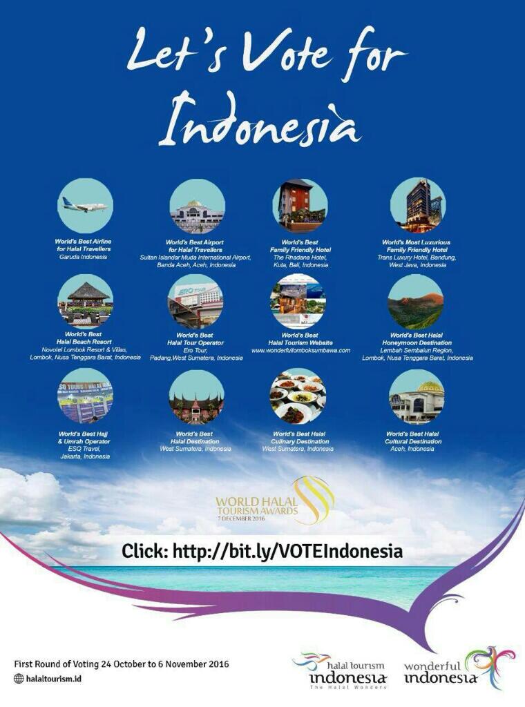 Mari menangkan Indonesia dalam World Halal Tourism Award (WHTA) 2016