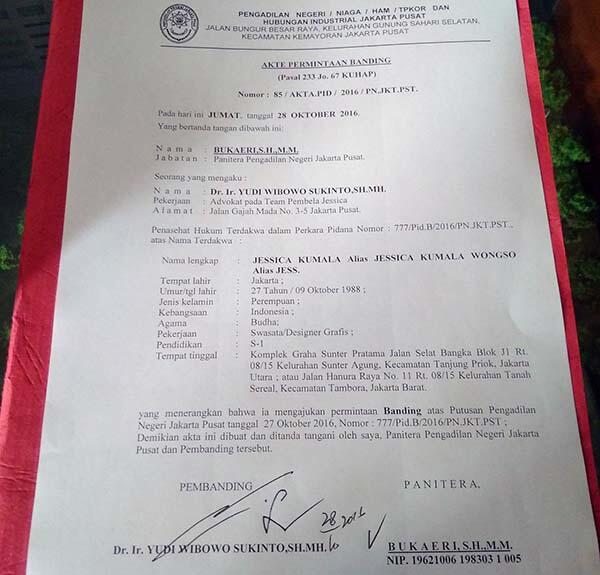 Pihak Jessica Resmi Ajukan Banding