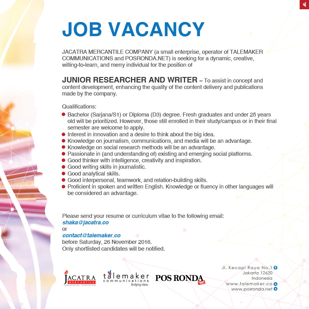 &#91;JAKARTA&#93; Job Vacancy - Junior Researcher &amp; Writer for Jacatra Mercantile Company