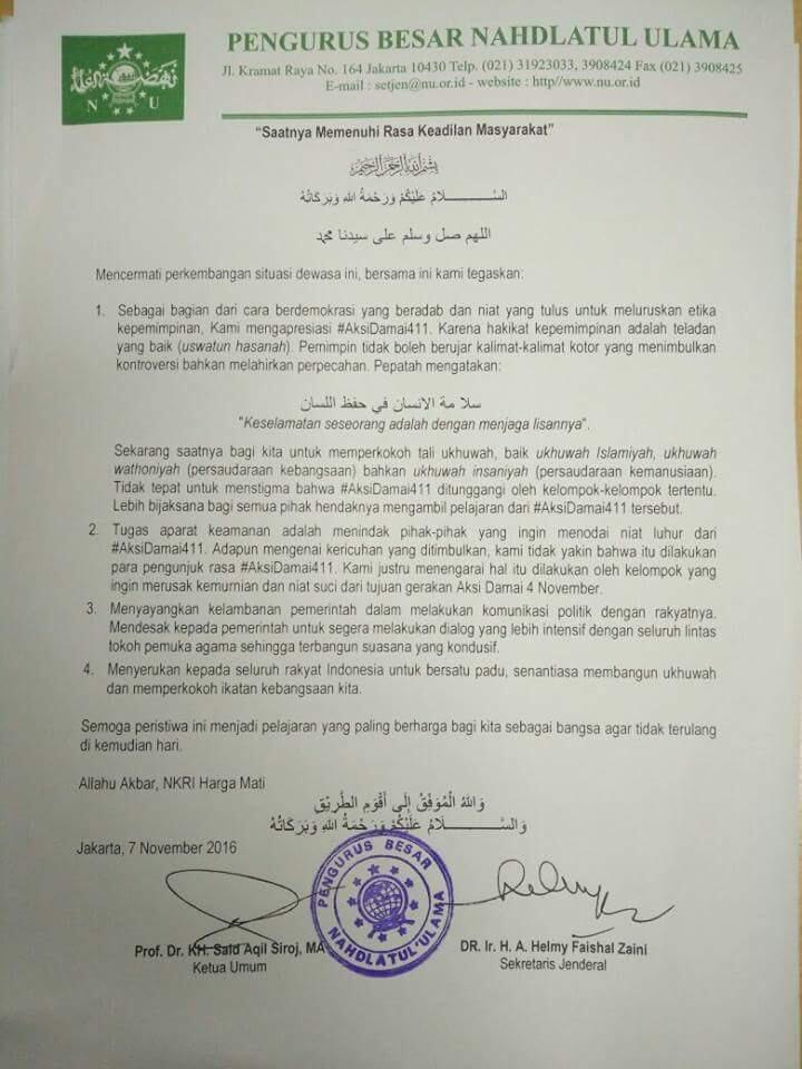 Pernyataan Lengkap NU Soal Kasus Ahok