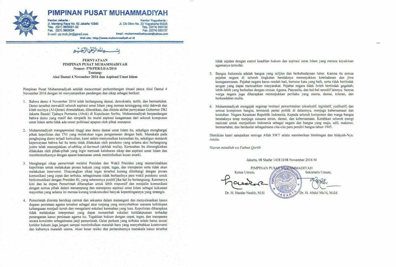 Pernyataan PP Muhammadiyah Terkait Aksi Damai 4 Nov 2016 dan Aspirasi Umat Islam