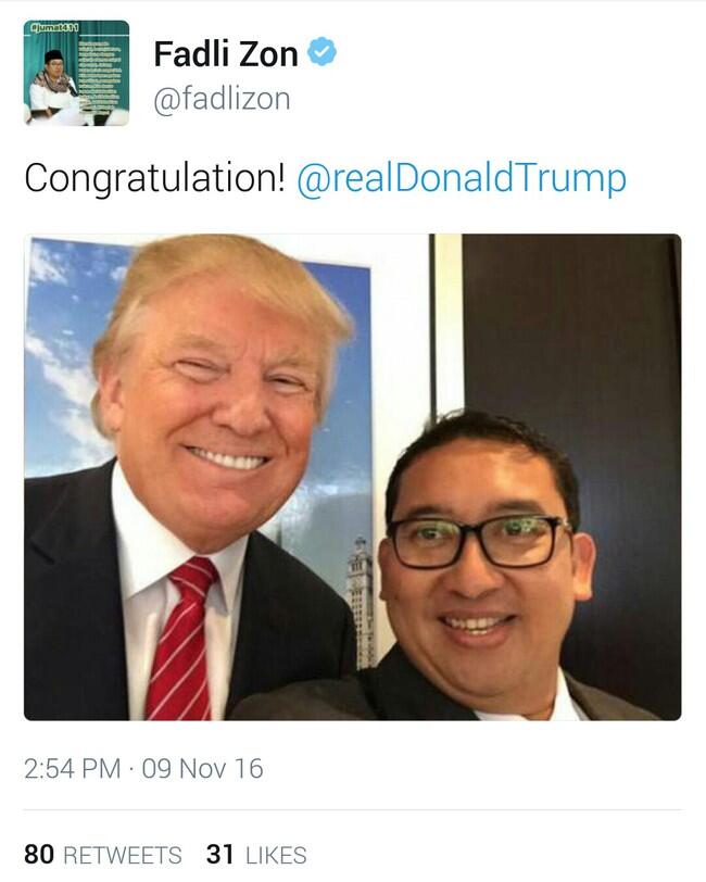 Fadli Zon Unggah Foto Selfie dengan Donald Trump: Congratulation!