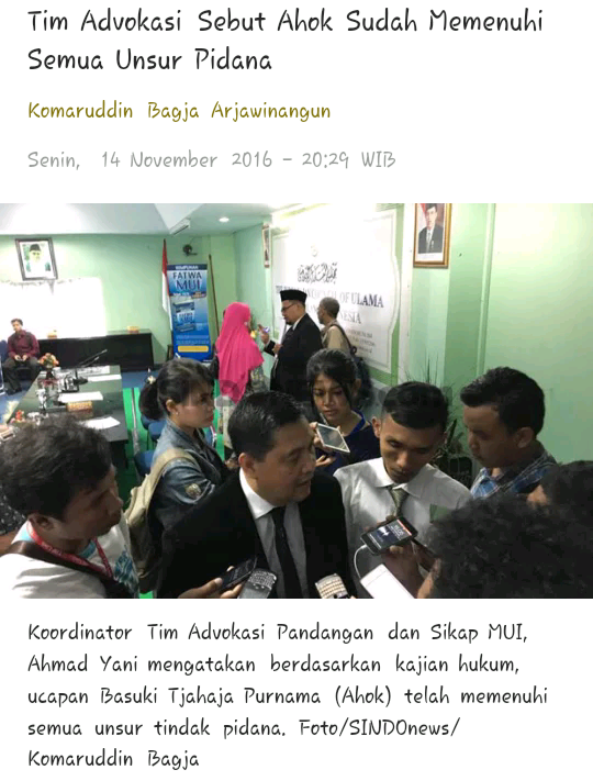 Tim Advokasi Sebut Ahok Sudah Memenuhi
Semua Unsur Pidana