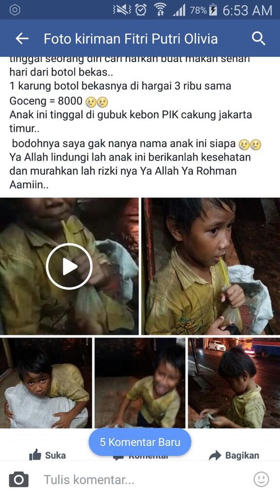 Postingan Facebook, Pemulung Cilik Sebatang Kara Akhirnya dirawat di Panti Anak