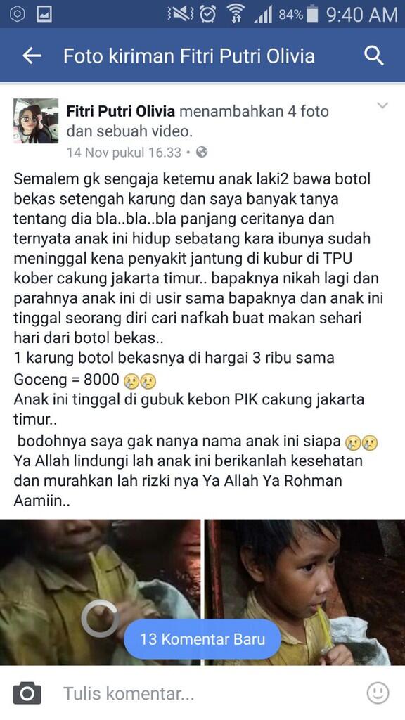 Postingan Facebook, Pemulung Cilik Sebatang Kara Akhirnya dirawat di Panti Anak