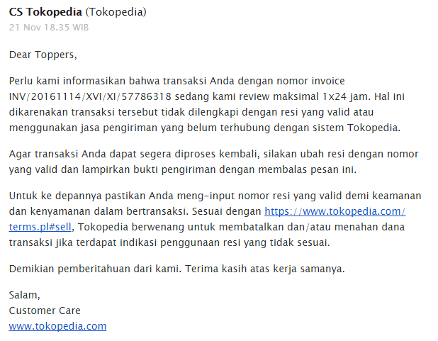 Saldo Tokopedia Dipotong Karena No Resi Tidak Valid