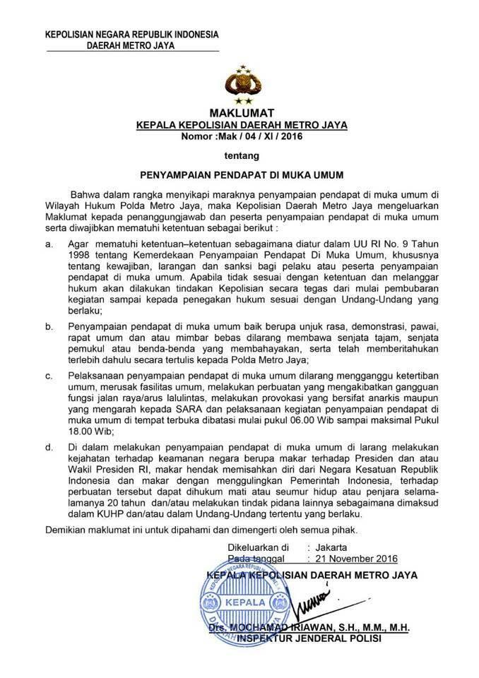 Maklumat Kapolda Metro Soal Demo 212: Dilarang Makar!