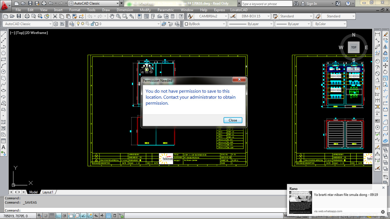 Bagaimana cara save as file Read Only pada autocad 2012.