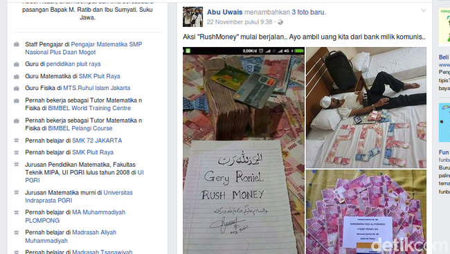 Tersangka Rush Money Pamerkan Uang SPP Siswa di Akun Faceboknya
