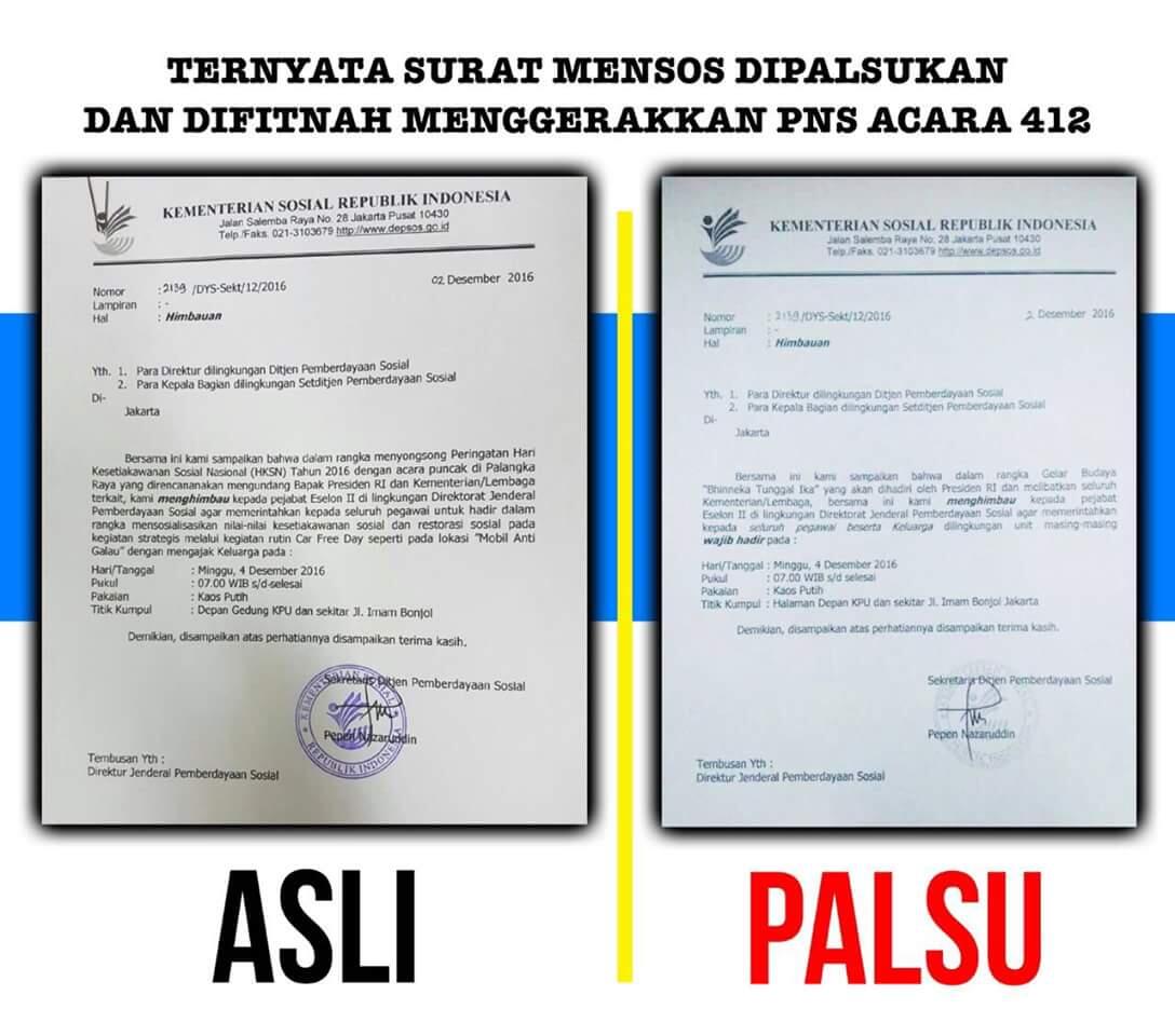 Beredar Surat Wajibkan Pegawai Turun di Aksi 412, Kemensos: Itu Editan
