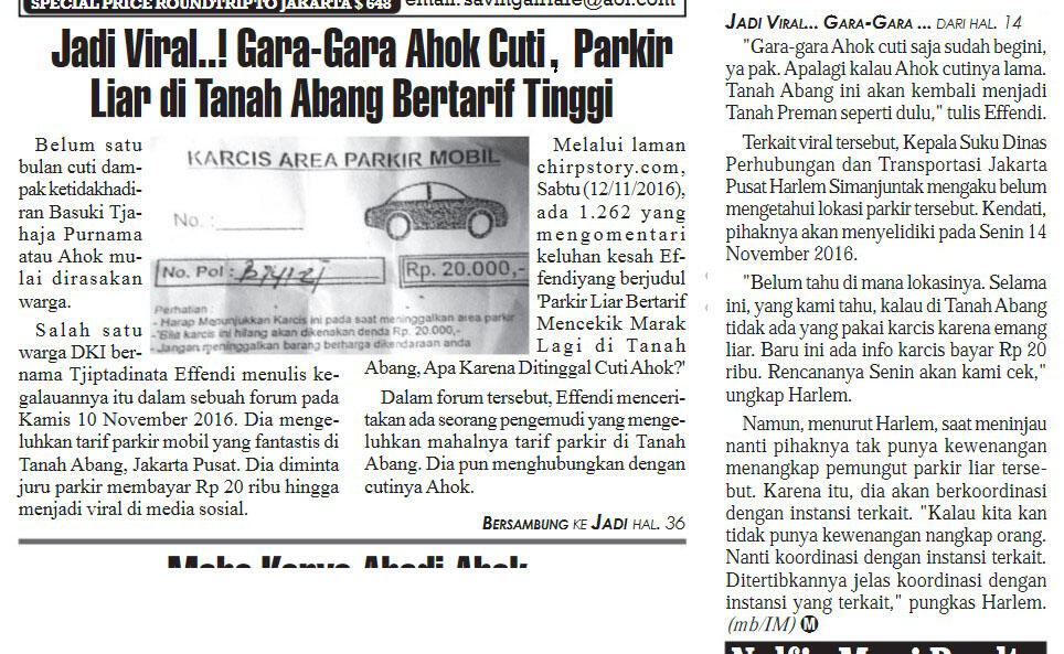 Jadi Viral..! Gara-gara Ahok Cuti, Parkir Liar Di Tanah Abang Bertarif Tinggi