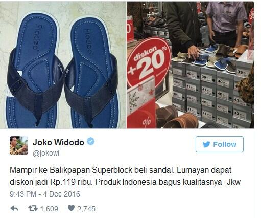 Jokowi Pamer Sandal Biru di Twitter dan Facebook